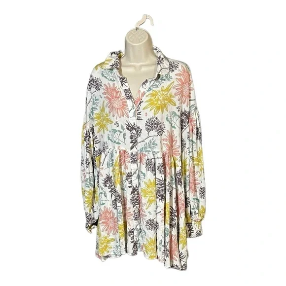 Aura Ivory Floral Print Swing Linen Dress Large - Picture 9 of 10